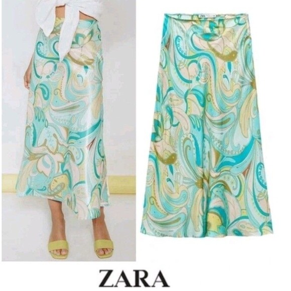 Zara Sea Green Multicolor Viscose A Line Midi Skirt XS - Picture 1 of 6